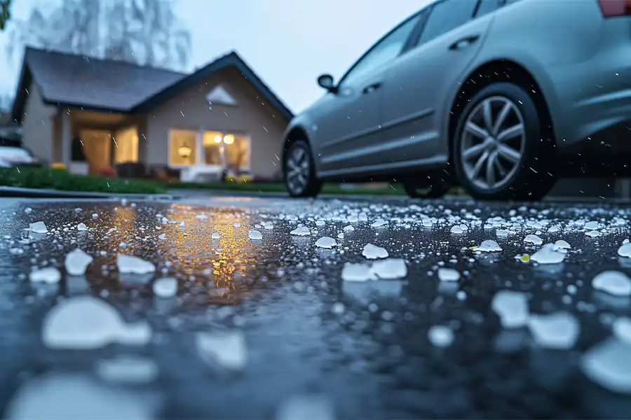 Close-up of hail on a driveway, with a car and house visible in the background.