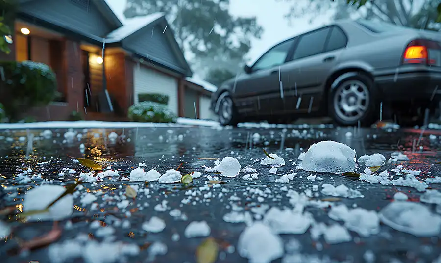 A car in a driveway with hail covering the ground around the vehicle and home.