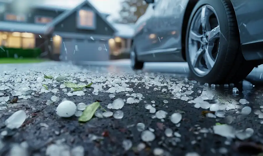 A car parked in a driveway with hail scattered across the driveway and surrounding the home.