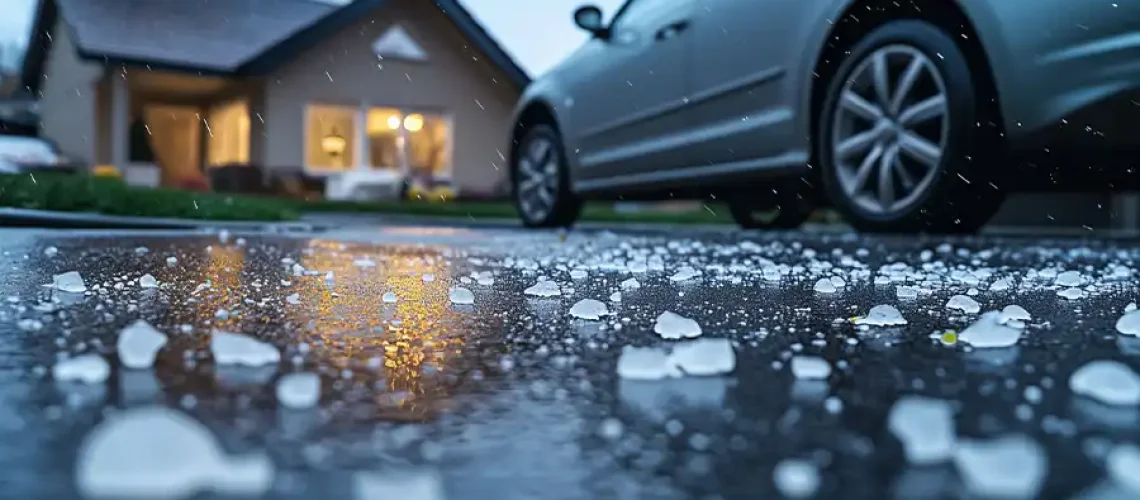 Close-up of hail on a driveway, with a car and house visible in the background.