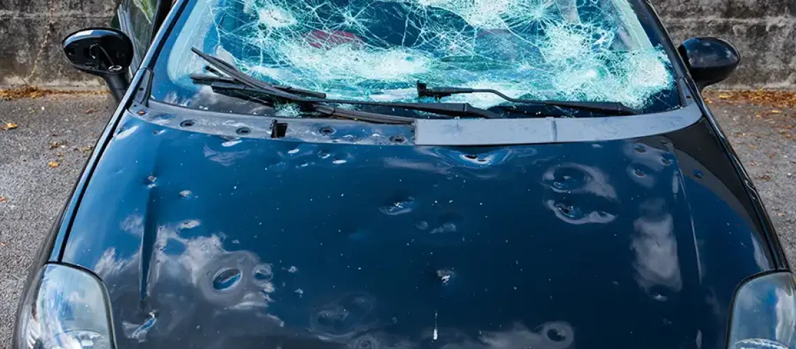 Up close image of a vehicle with the hood dented from hail damage