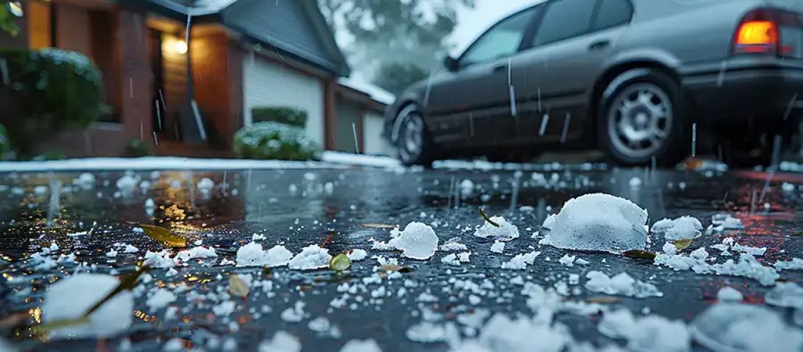 A car in a driveway with hail covering the ground around the vehicle and home.