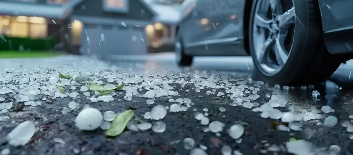 A car parked in a driveway with hail scattered across the driveway and surrounding the home.